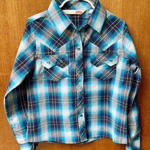 $25 Cumberland Outfitters blue girl's western snap closure shirt size small